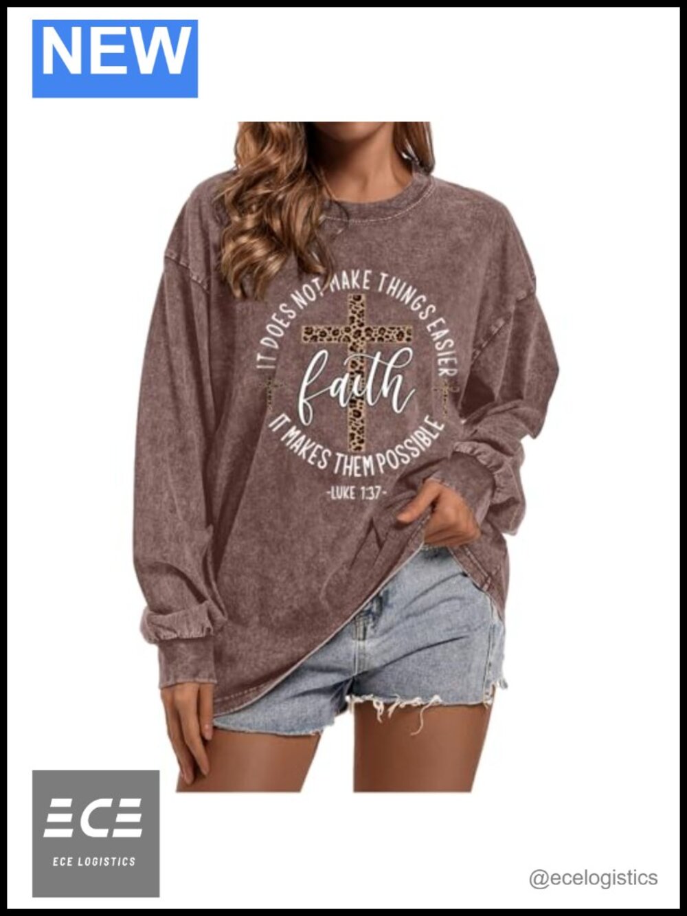 Christian Long Sleeve T-Shirt Cotton Leopard Cross Bible Verse Women